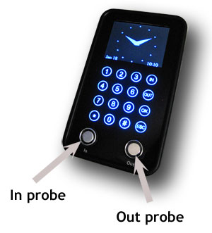 The Vetro timeclock has an In probe and an Out probe. The Vetro timeclock has an In probe and an Out probe.