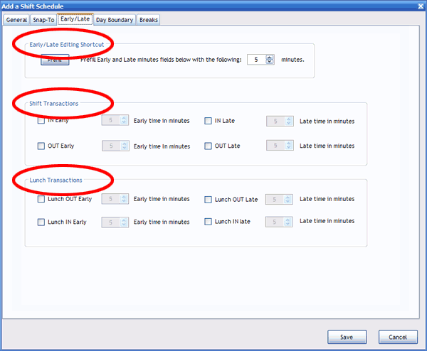 Early/Late Setup screen Early/Late Setup screen