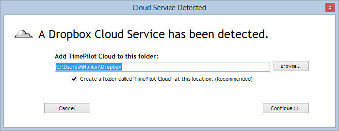 TimePilot Central finds a Dropbox folder.