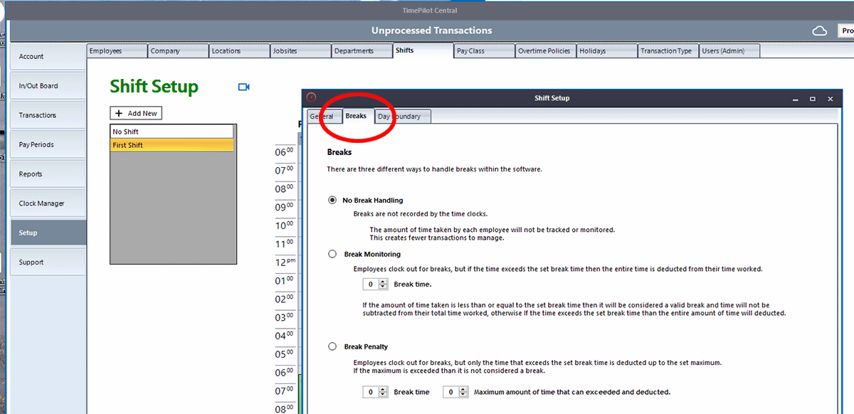 The TimePilot software gives you three different ways to handle breaks: don't track them, monitor the amount of time taken or penalize employees for taking too much time. The TimePilot software gives you three different ways to handle breaks: don't track them, monitor the amount of time taken or penalize employees for taking too much time.