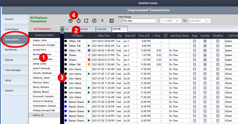 Clicking the Tramnsactions Tab will show you your employees' clock-in and clock-out data collected by TimePilot clocks. Clicking the Tramnsactions Tab will show you your employees' clock-in and clock-out data collected by TimePilot clocks.