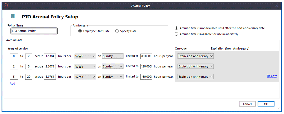 A sample Paid Time Off accrual setup. A sample Paid Time Off accrual setup.