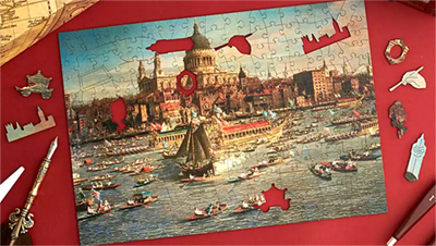 Pieces of each puzzle are cut ionto whimsical shapes.