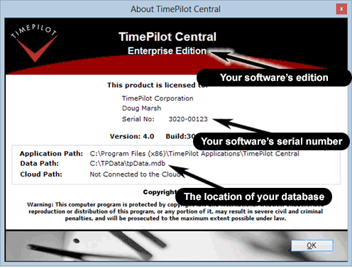 The TimePilot software's 'About' screen gives lot of details about your software. The TimePilot software's 'About' screen gives lot of details about your software.